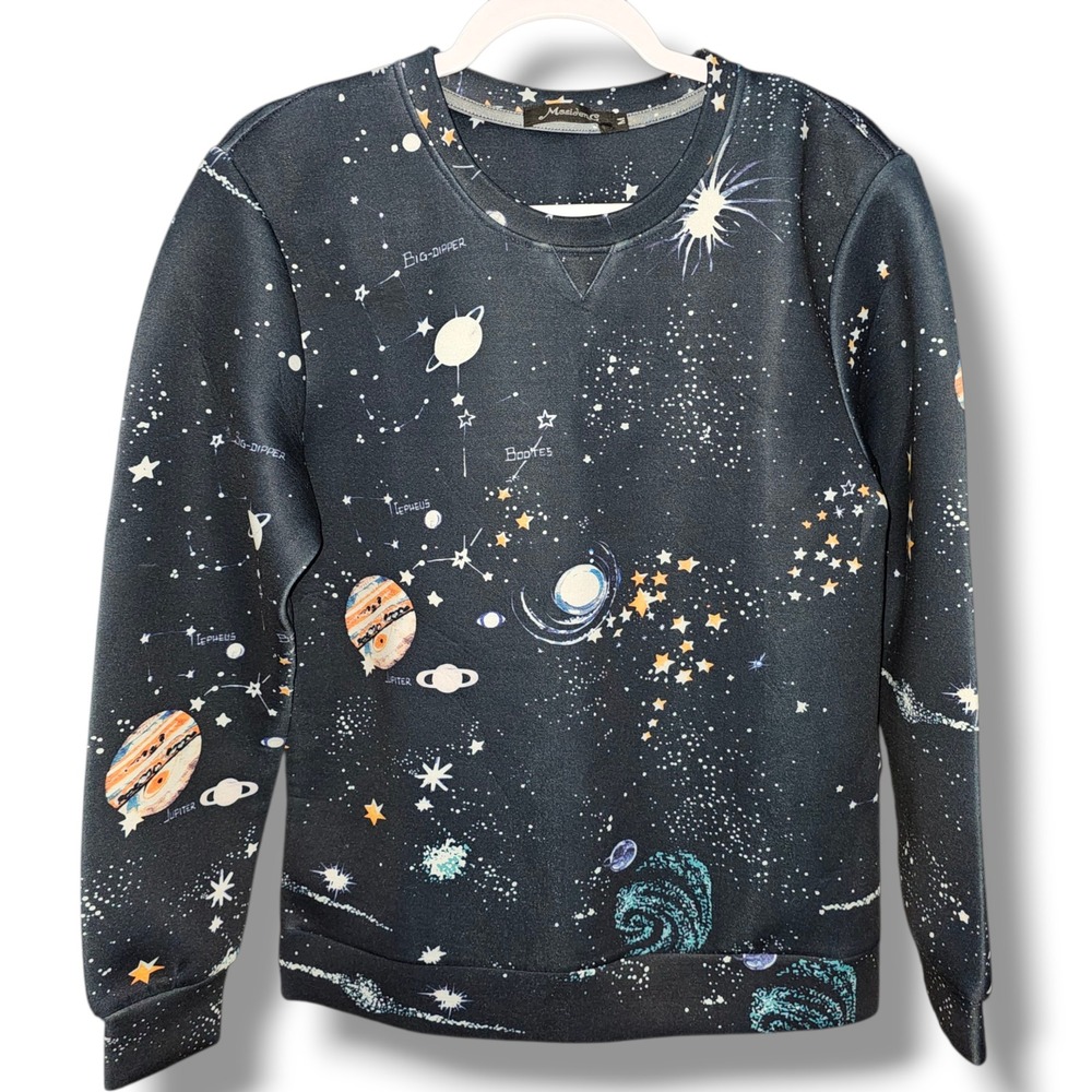 Mosideng Sweatshirt Women Medium Black Excellent Galaxy Solar System Print Plush